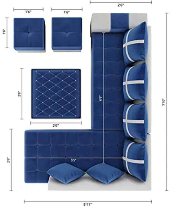 Upolstered 8 Seater Sofa Set, 2 Ottoman, 6 pillow With Coffee Table Fabric 3 + 2 + 2 + 1 Sofa Set (Blue & White, Pre-assembled)