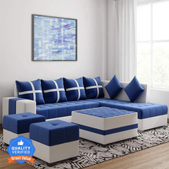 Upolstered 8 Seater Sofa Set, 2 Ottoman, 6 pillow With Coffee Table Fabric 3 + 2 + 2 + 1 Sofa Set (Blue & White, Pre-assembled)