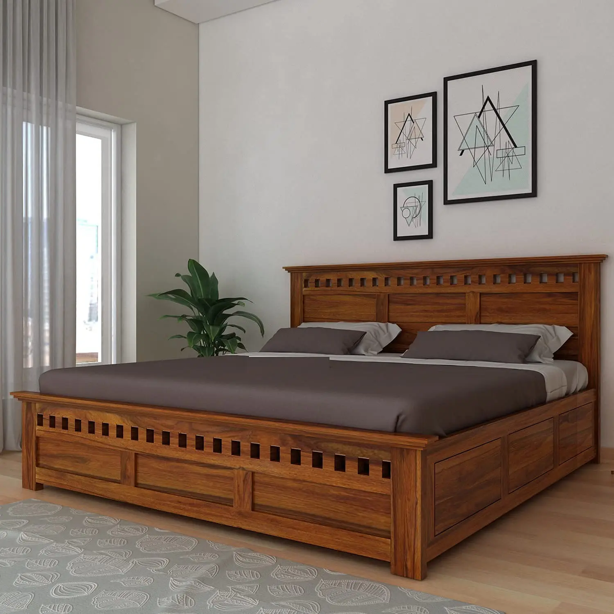 Modern Bed With Storage | Wooden Storage Bed in Sheesham Wood |  King/Queen Size | Wooden Headboard