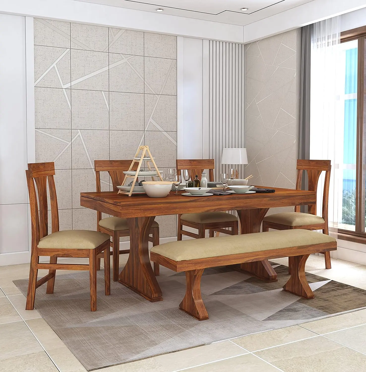 Modern Dining Set 6 Seater | Dining Set with Bench | Sheesham Wood | Sheesham Wood | All Size