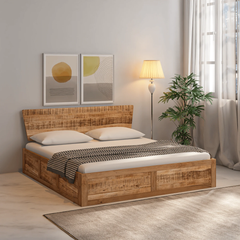 Modern Bed | Wooden Storage Bed in Mango Wood |  King/Queen Size | Simple Headboard