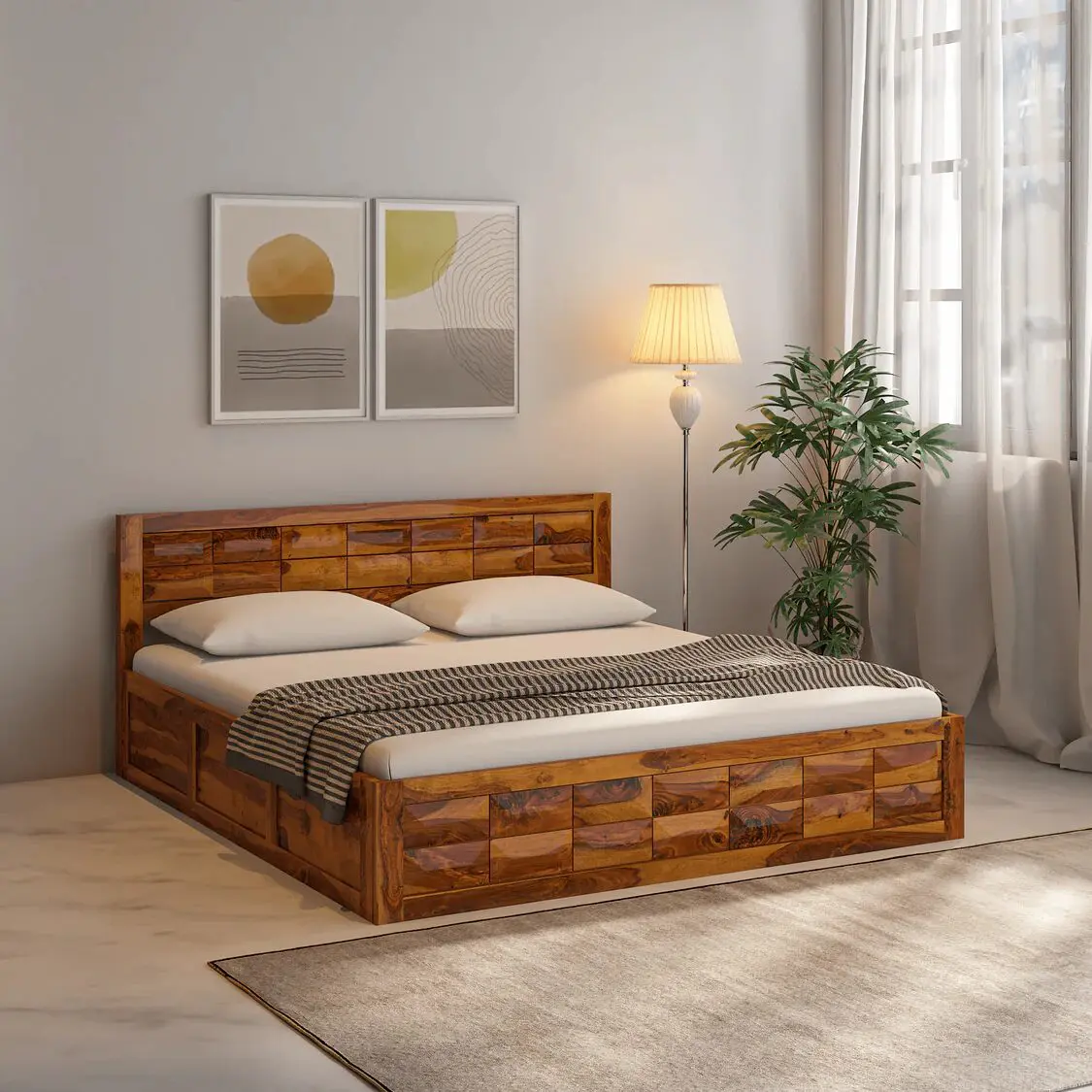 Sheesham Wood Bed | Wooden Storage Bed in Sheesham |  King/Queen Size | Diamond Design Headboard