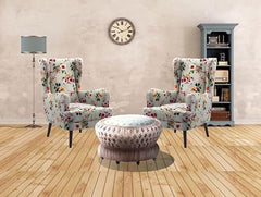 LNW Wooden Flower Printed  Wing Chair | High Back Chair | Upolstered Arm Chair For Living Room Bedroom Floral Print set Of 2