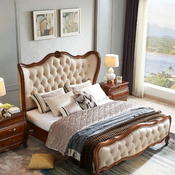 Sheesham Wood luxurious Bed |  Upholstered Bed  | King/Queen | Hand Carved Design With high Quality Leatherette