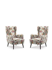 LNW Wooden Flower Printed  Wing Chair | High Back Chair | Upolstered Arm Chair For Living Room Bedroom Floral Print set Of 2