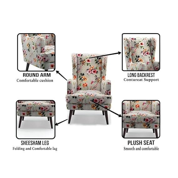 LNW Wooden Flower Printed  Wing Chair | High Back Chair | Upolstered Arm Chair For Living Room Bedroom Floral Print set Of 2