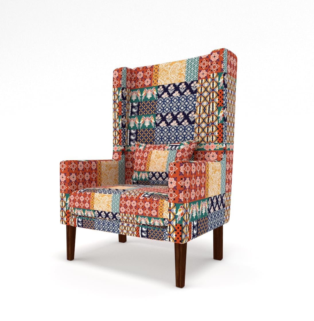 LNW Wooden Traditional Flower Printed  Wing Chair | High Back Chair | Arm Chair For Living Room Bedroom Mixed Colour Print