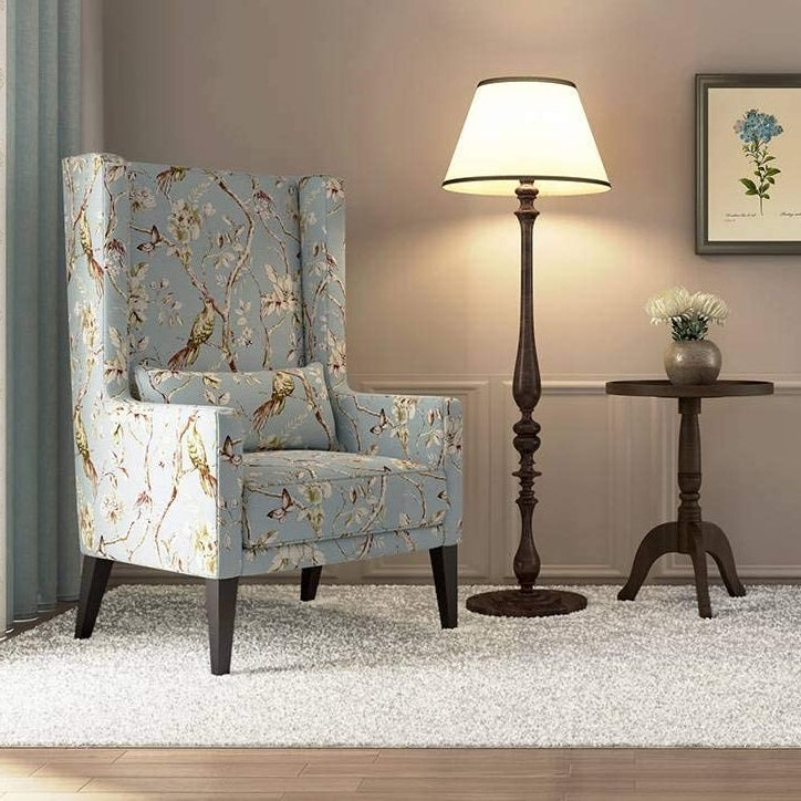 LNW Wooden Flower Printed  Wing Chair | High Back Chair | Arm Chair For Living Room Bedroom Floral Print