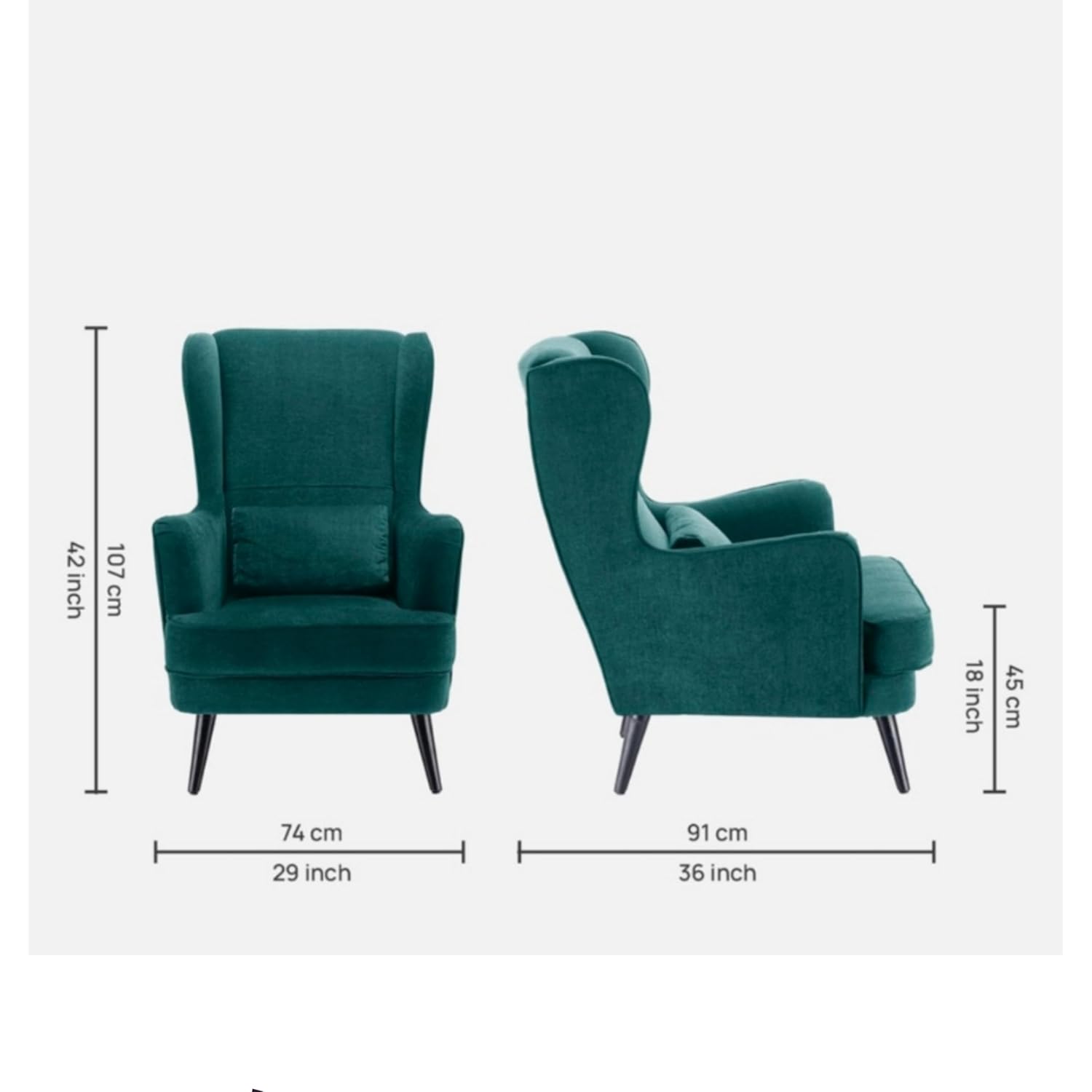 LNW Wooden Wing Chair | High Back Chair | Arm Chair For Living Room Bedroom Dark Green