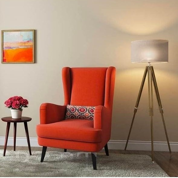 LNW Wooden Wing Chair | High Back Chair | Arm Chair For Living Room Bedroom Dark Orange