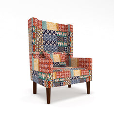 LNW Wooden Traditional Flower Printed  Wing Chair | High Back Chair | Arm Chair For Living Room Bedroom Mixed Colour Print