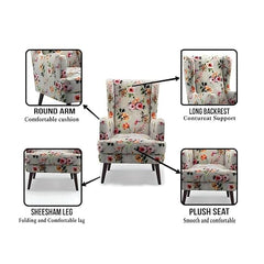 LNW Wooden Flower Printed  Wing Chair | High Back Chair | Upolstered Arm Chair For Living Room Bedroom Floral Print set Of 2