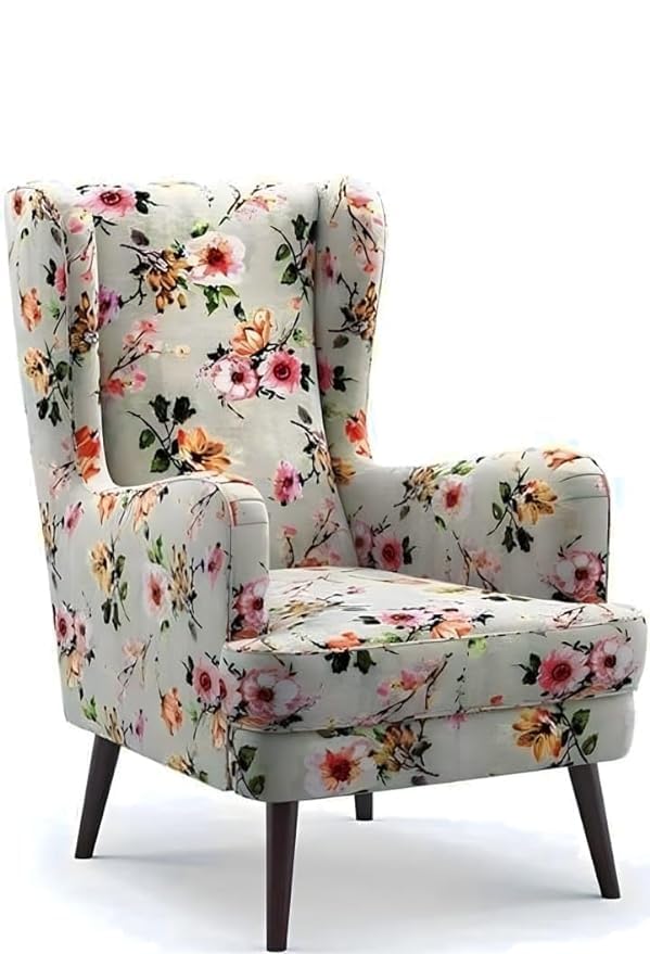 LNW Wooden Flower Printed  Wing Chair | High Back Chair | Upolstered Arm Chair For Living Room Bedroom Floral Print set Of 2