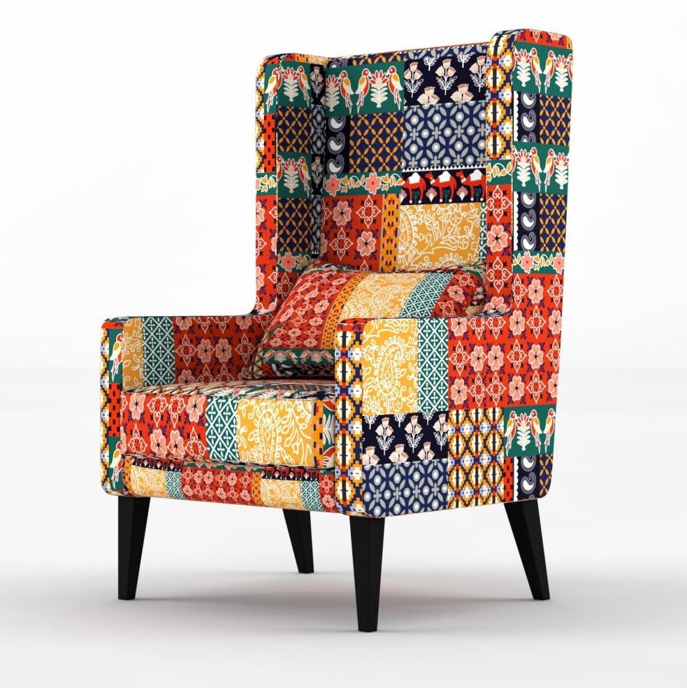 LNW Wooden Traditional Flower Printed  Wing Chair | High Back Chair | Arm Chair For Living Room Bedroom Mixed Colour Print