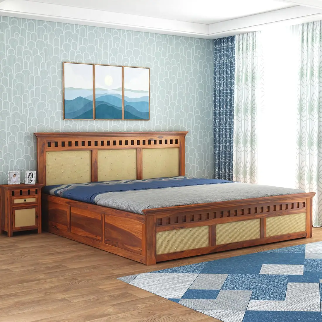 Indian Bed Design | Wood Carving Bed made up of Sheesham Wood | King/Queen Size | Cane Headboard Design