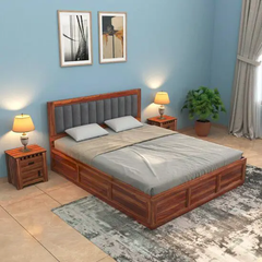 Modern Bed With Storage | Wooden Storage Bed in Sheesham Wood |  King/Queen Size | Upolstered Headboard