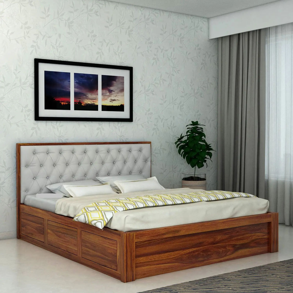 Sheesham Wood Bed | Palang Design  | Wooden Storage Bed in Sheesham |  King/Queen Size