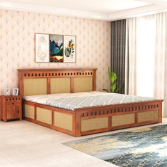 Indian Bed Design | Wood Carving Bed made up of Sheesham Wood | King/Queen Size |3 Side cane Design |  Cane Headboard Design