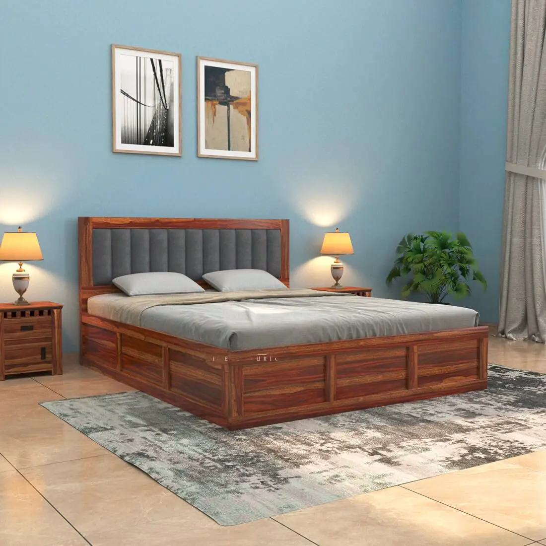 Modern Bed With Storage | Wooden Storage Bed in Sheesham Wood |  King/Queen Size | Upolstered Headboard