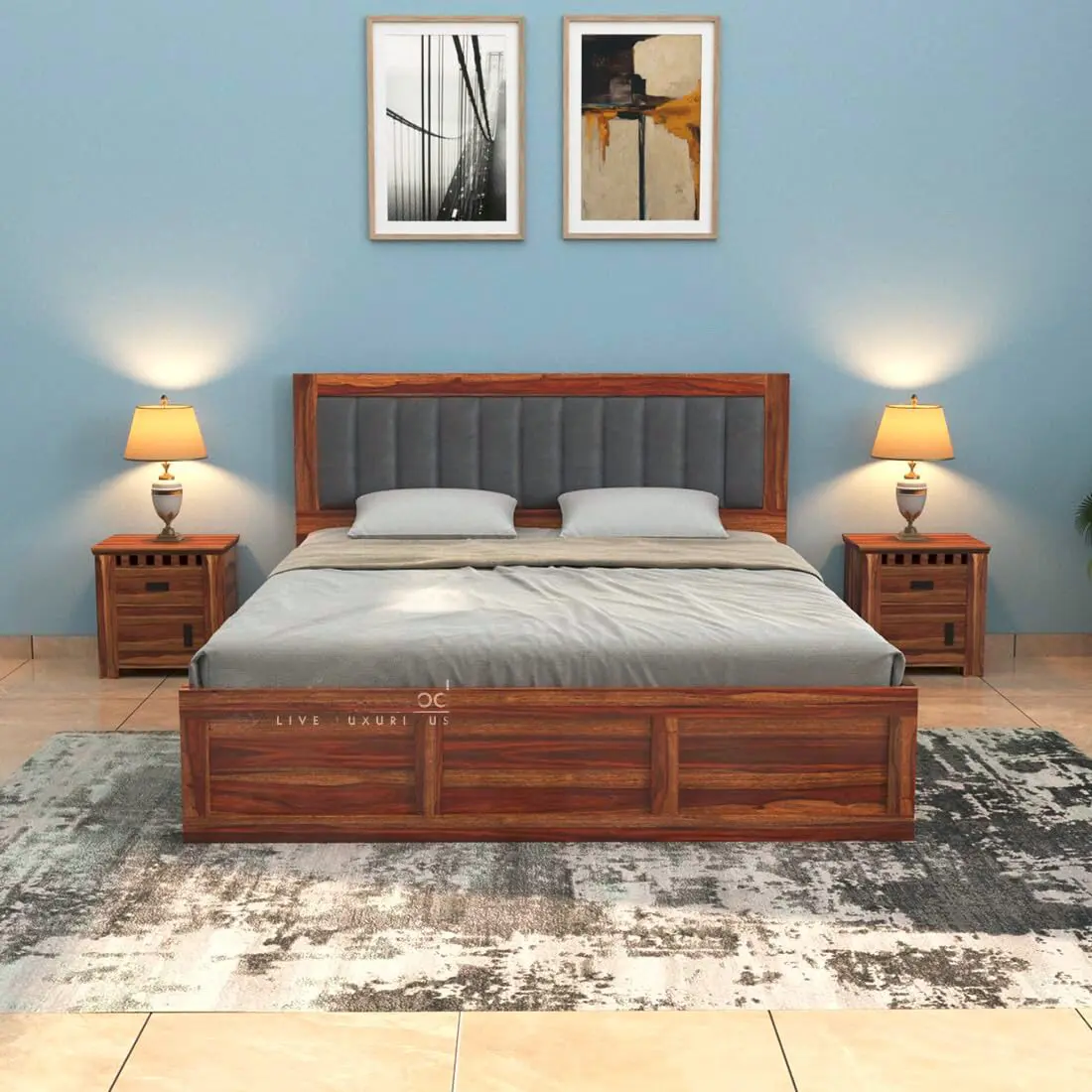 Modern Bed With Storage | Wooden Storage Bed in Sheesham Wood |  King/Queen Size | Upolstered Headboard