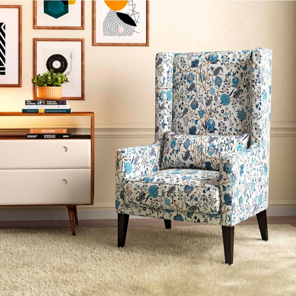 LNW Wooden Flower Printed  Wing Chair | High Back Chair | Arm Chair For Living Room Bedroom Floral Print