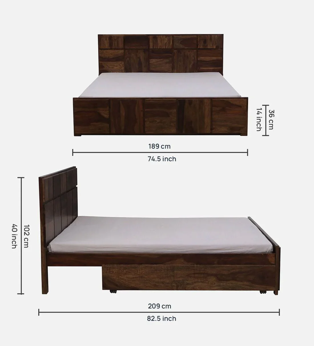 Sheesham Wood Bed | Palang Design  | Wooden Storage Bed in Sheesham |  King/Queen Size | Square Box  Headboard