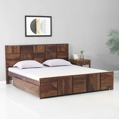 Sheesham Wood Bed | Palang Design  | Wooden Storage Bed in Sheesham |  King/Queen Size | Square Box  Headboard