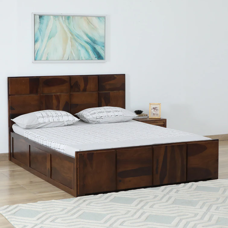 Sheesham Wood Bed | Wooden Storage Bed in Sheesham |  King/Queen Size | Square Box  Headboard