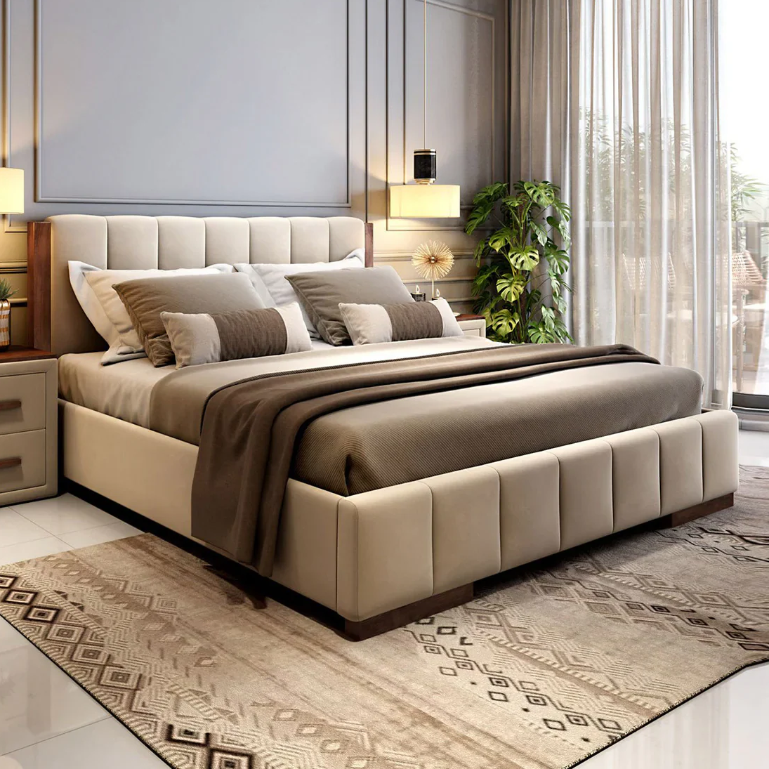 Storage Bed | Wooden Upholstered Bed Design | Sheesham Wood | High Quility Fabric Double Bed